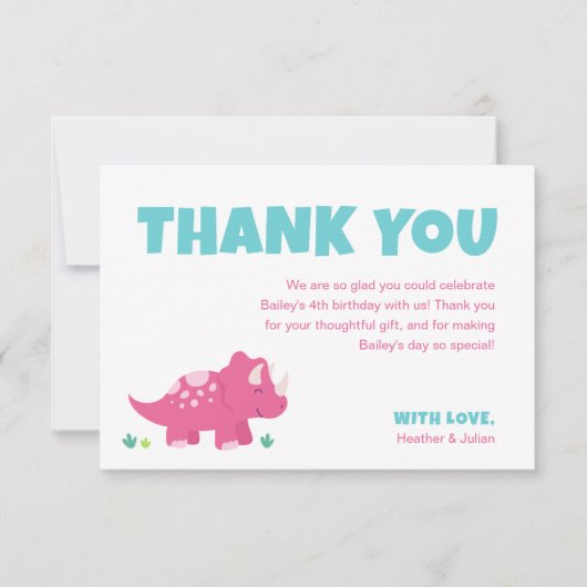 ピンクの恐竜の誕生日パーティー感謝カード サンキューカード (正面)