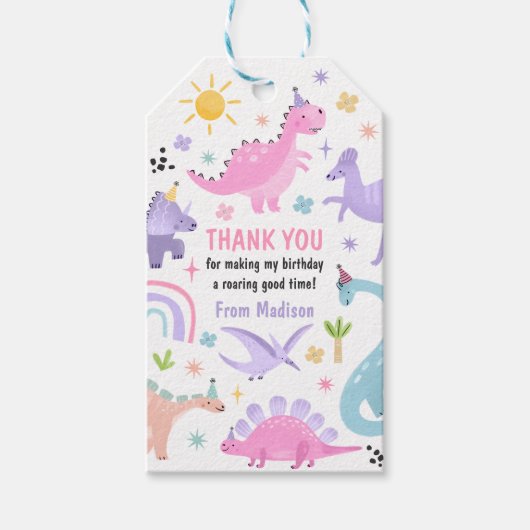 ピンクの恐竜の誕生日パーティー ギフトタグ (正面)