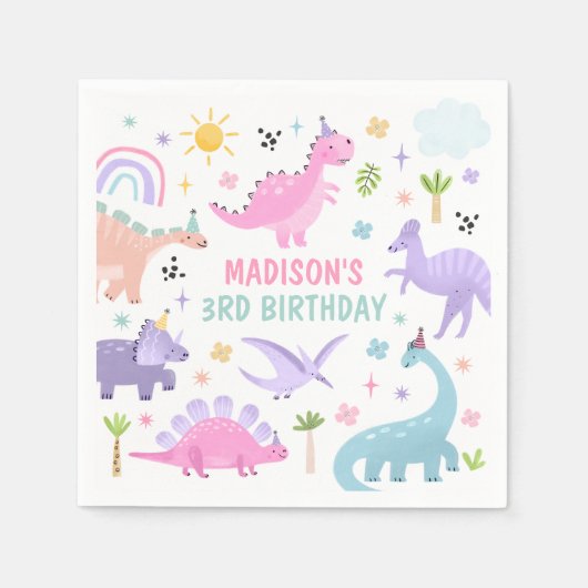 ピンクの恐竜の誕生日パーティー スタンダードカクテルナプキン (正面)