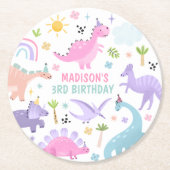 ピンクの恐竜の誕生日パーティー ラウンドペーパーコースター (正面)