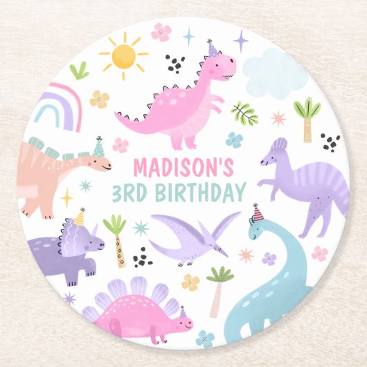 ピンクの恐竜の誕生日パーティー ラウンドペーパーコースター (正面)