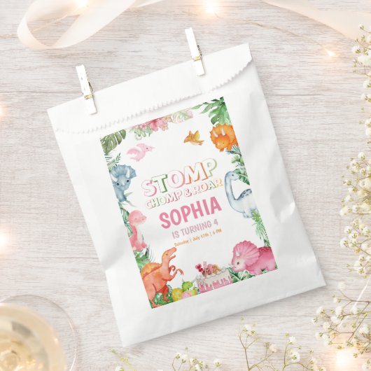 ピンクの恐竜の誕生日パーティー、女の子の恐竜パーティー フェイバーバッグ (クリップ留めされた状態)