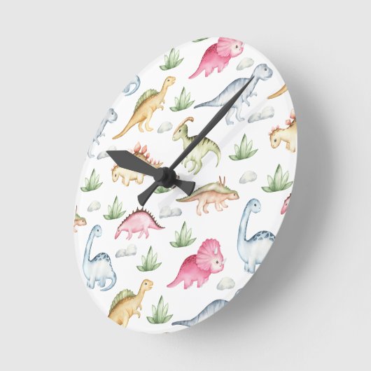 ピンクの恐竜の誕生日パーティー、女の子の恐竜パーティー ラウンド壁時計 (傾斜)