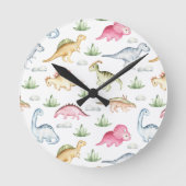 ピンクの恐竜の誕生日パーティー、女の子の恐竜パーティー ラウンド壁時計 (正面)