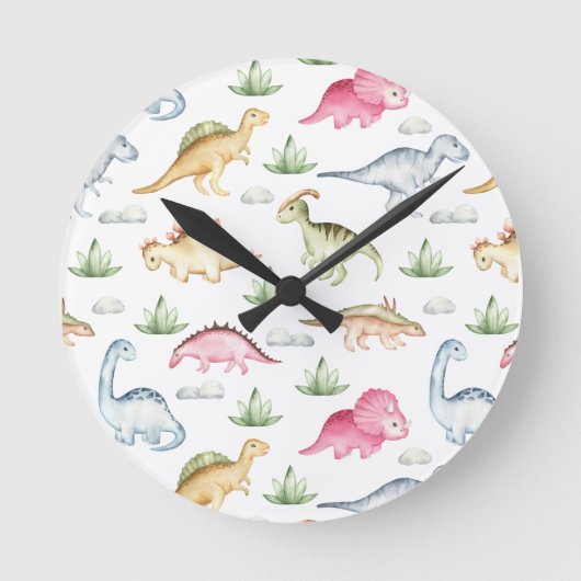 ピンクの恐竜の誕生日パーティー、女の子の恐竜パーティー ラウンド壁時計 (正面)