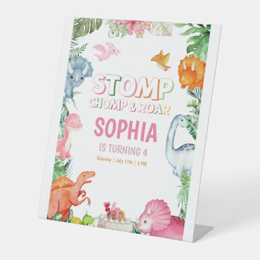 ピンクの恐竜の誕生日パーティー、女の子の恐竜パーティー 台座サイン (正面)