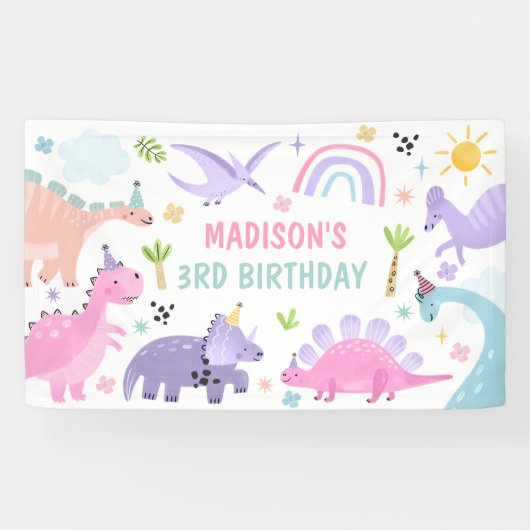 ピンクの恐竜の誕生日パーティー 横断幕 (横)