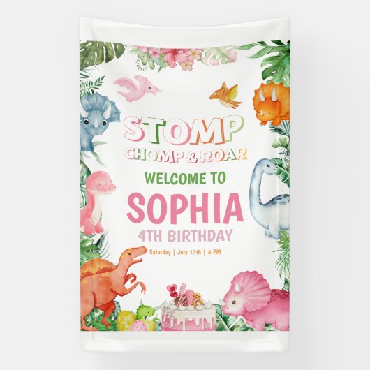 ピンクの恐竜の誕生日招待状 女の子恐竜 横断幕 (縦)