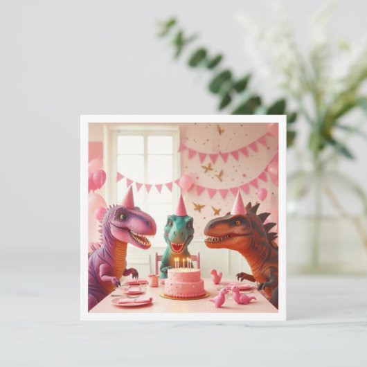 ピンクの恐竜の誕生日招待状、恐竜の招待 招待状 (スタンド正面)