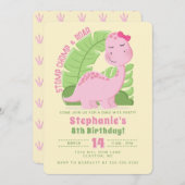 ピンクの恐竜の誕生日 招待状 (正面/裏面)