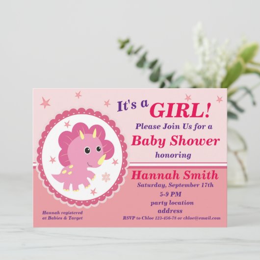 ピンクの恐竜の赤ちゃんシャワーの招待状 招待状 (スタンド正面)