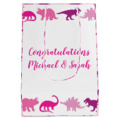 ピンクの恐竜の赤ちゃんシャワー ミディアムペーパーバッグ (裏面)