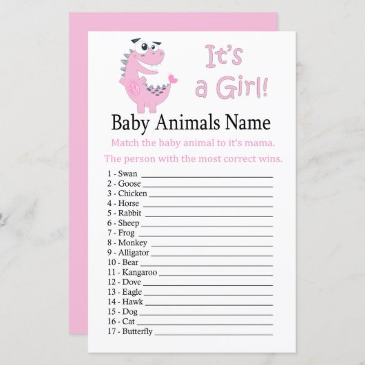 ピンクの恐竜の赤ちゃん動物の名前ゲーム (正面/裏面)