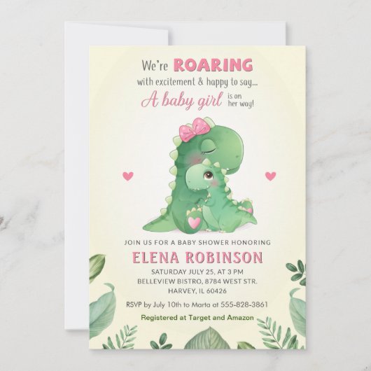 ピンクの恐竜の赤ちゃん女の子シャワーワイルドスウィートスプリンクル 招待状 (正面)