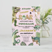 ピンクの恐竜をテーマにした誕生日パーティー 招待状 (スタンド正面)