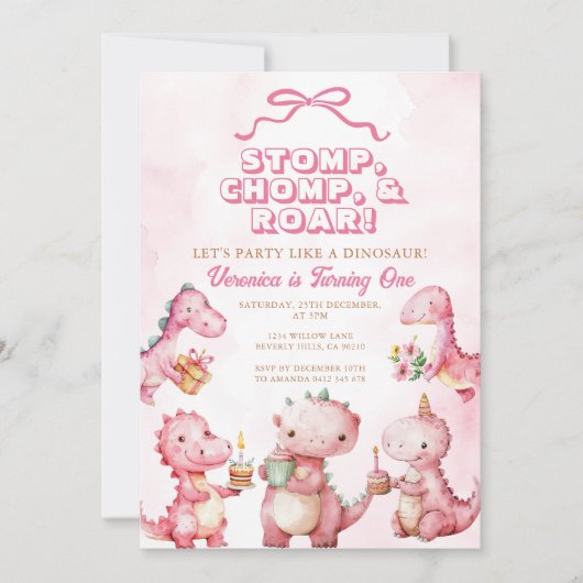 ピンクの恐竜ストンプチョンプ笑い声1歳の誕生日 招待状 (正面)
