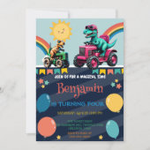 ピンクの恐竜トラクターの虹の誕生日ボーイ 招待状 (正面)