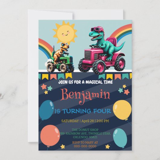 ピンクの恐竜トラクタートラックのレインボー誕生日ボーイ 招待状 (正面)