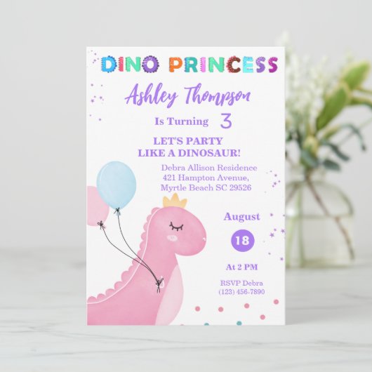 ピンクの恐竜プリンセスガールズジェックス誕生日パーティー 招待状 (スタンド正面)