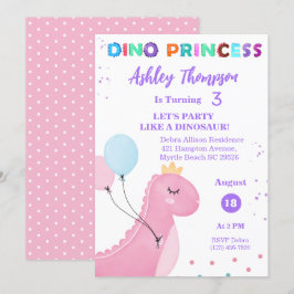 ピンクの恐竜プリンセスガールズジェックス誕生日パーティー 招待状