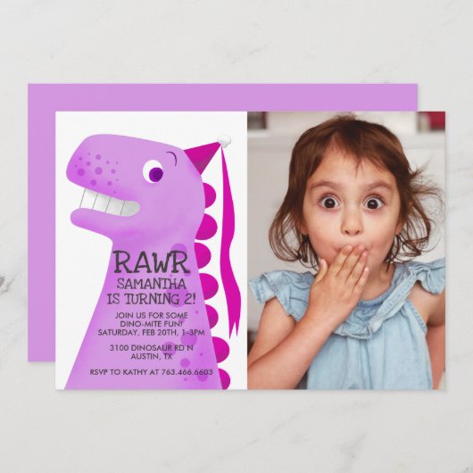 ピンクの恐竜プリンセス誕生日パーティーの写真 招待状 (正面/裏面)