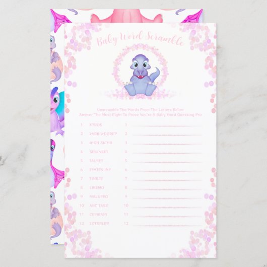 ピンクの恐竜ベビー単語スクランブルベビーシャワーゲーム (正面/裏面)