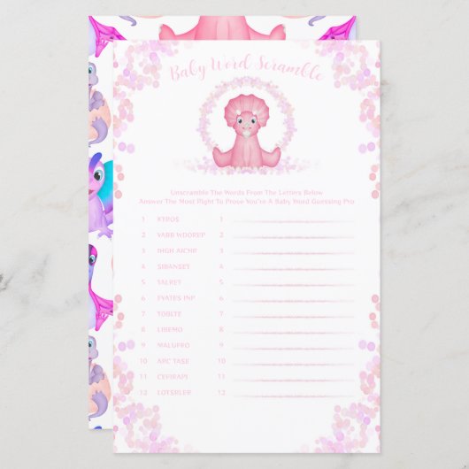 ピンクの恐竜ベビー単語スクランブルベビーシャワーゲーム (正面/裏面)