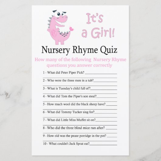 ピンクの恐竜子供部屋韻クイズ赤ちゃんシャワーゲーム (正面)