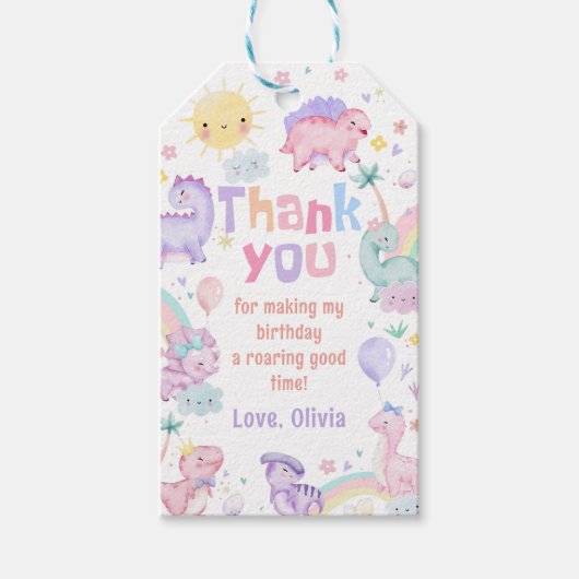 ピンクの恐竜誕生日ありがとうギフトラベル ギフトタグ (正面)