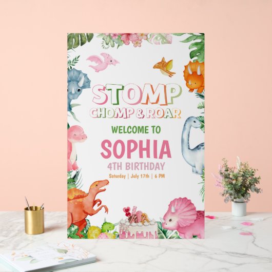 ピンクの恐竜誕生日招待状女の子恐竜 アクリルサイン (ウェディング)