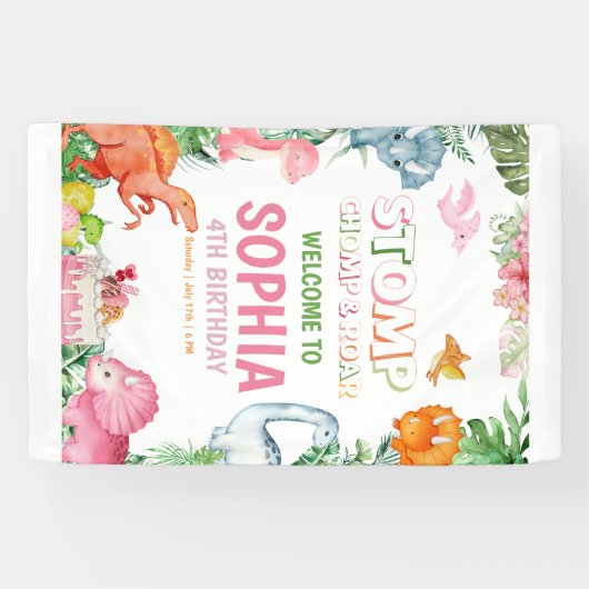 ピンクの恐竜誕生日招待状女の子恐竜 横断幕 (横)