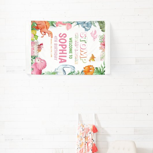 ピンクの恐竜誕生日招待状女の子恐竜 横断幕 (インサイチュ)