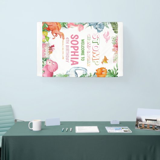 ピンクの恐竜誕生日招待状女の子恐竜 横断幕 (トレードショー)