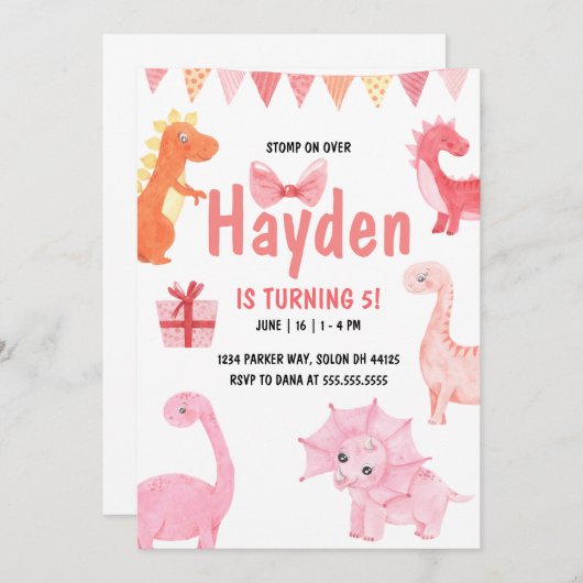 ピンクの恐竜誕生日 招待状 (正面/裏面)