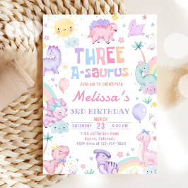 ピンクの恐竜3つのA-Saurus 3番目の誕生日パーティー 招待状