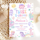 ピンクの恐竜3つのA-Saurus 3番目の誕生日パーティー 招待状