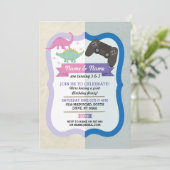 ピンクの恐竜 & ゲームの共同お誕生日会 男の子 女の子 誕生日 招待状 (スタンド正面)