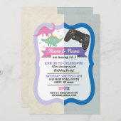 ピンクの恐竜 & ゲームの共同お誕生日会 男の子 女の子 誕生日 招待状 (正面/裏面)