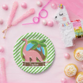 ピンクの恐竜、ディノ、緑と白のストライプ ペーパープレート (パーティー)