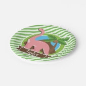 ピンクの恐竜、ディノ、緑と白のストライプ ペーパープレート (アングル)