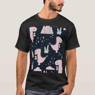 ピンクの恐竜、暗い背景、かわいい Tシャツ