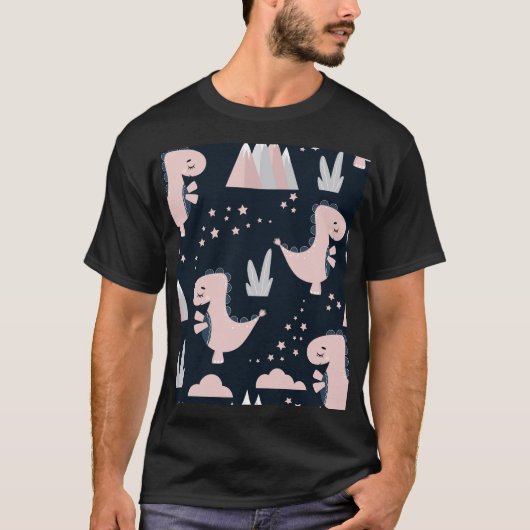 ピンクの恐竜、暗い背景、かわいい Tシャツ (正面)