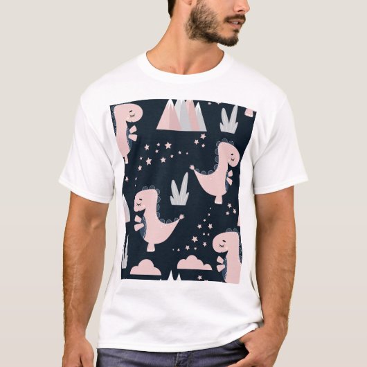 ピンクの恐竜、暗い背景、かわいい Tシャツ (正面)