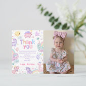 ピンクの恐竜T-Rex誕生日写真サンクスカード サンキューカード (スタンド正面)