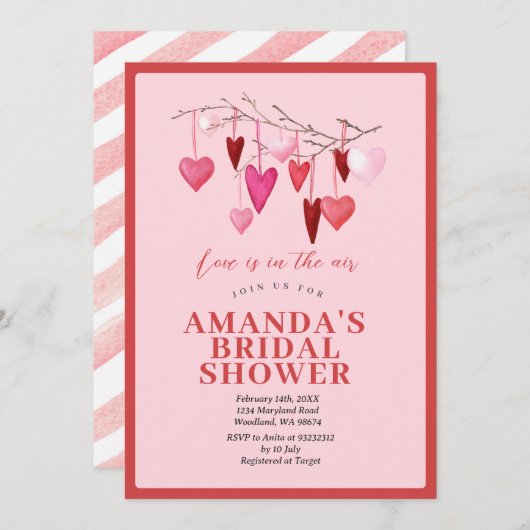 ピンクの愛が満ちている バレンタイン ブライダルシャワー 招待状 (正面/裏面)