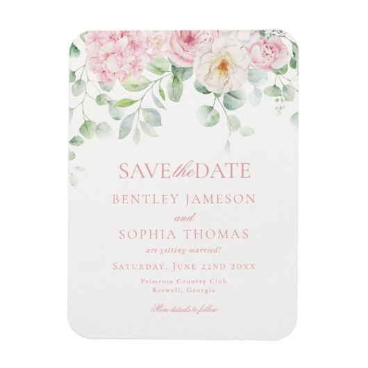 ピンクの愛が開花フローラに保存する日付カード マグネット (縦)