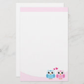 ピンクの愛のカップルかわいいフクロウのハート 便箋 (正面/裏面)