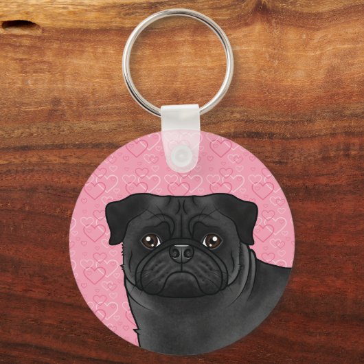 ピンクの愛のハートに黒いパグ犬の頭を閉じる キーホルダー (正面)