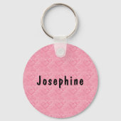 ピンクの愛のハートに黒いパグ犬の頭を閉じる キーホルダー (裏面)