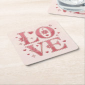 ピンクの愛の花ハートコースターセット スクエアペーパーコースター (アングル)